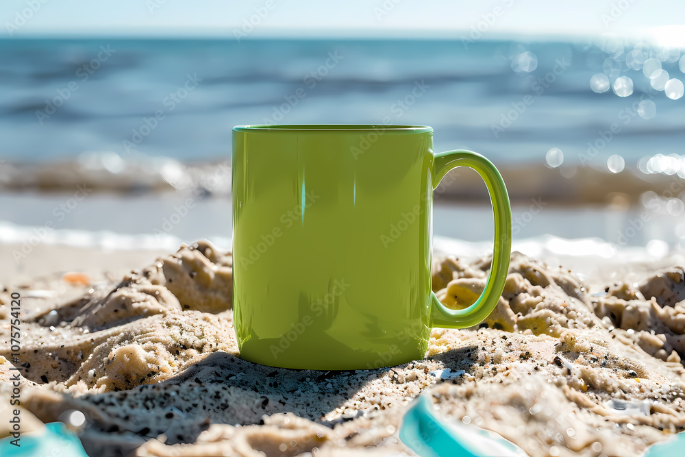 A vibrant green mug sits on soft sand, reflecting sunlight by the tranquil shoreline, evoking a sense of relaxation and coastal serenity. A vibrant green mug sits on soft sand, reflecting sunlight by the tranquil shoreline, evoking a sense of relaxation and coastal serenity.