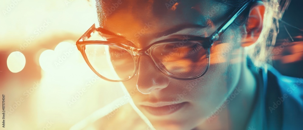 A close-up of a woman with glasses, reflecting thoughtful contemplation and creativity. A close-up of a woman with glasses, reflecting thoughtful contemplation and creativity.