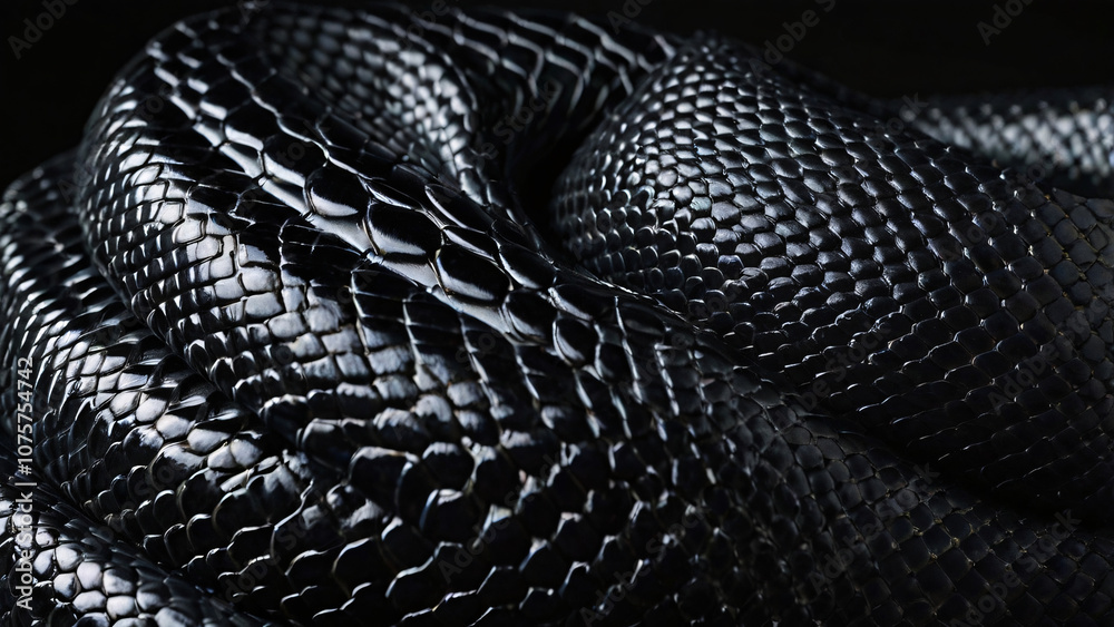 Closeup black snake skin texture. Closeup of snake leather texture in dark black fine scales with subtle shine and intricate pattern. Reptile skin pattern design, Eco-friendly camouflage
Closeup black snake skin texture. Closeup of snake leather texture in dark black fine scales with subtle shine and intricate pattern. Reptile skin pattern design, Eco-friendly camouflage