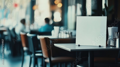 A table in a restaurant with a blank sign, surrounded by blurred patrons in the background.