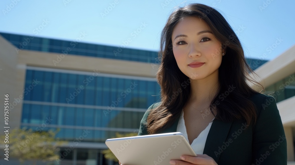 A professional woman holding a tablet outdoors, with a modern building in the background. A professional woman holding a tablet outdoors, with a modern building in the background.
