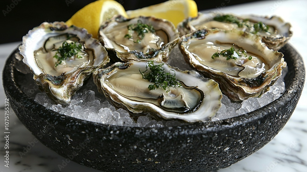 Oysters on ice, served with lemon and parsley Oysters on ice, served with lemon and parsley