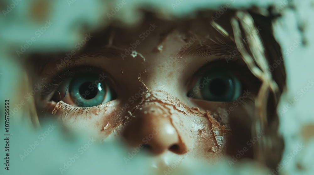 A close-up of a child's wide eyes as they peek through a cracked wall, evoking curiosity and a sense of uncovering secrets in a mysterious, intense setting. A close-up of a child's wide eyes as they peek through a cracked wall, evoking curiosity and a sense of uncovering secrets in a mysterious, intense setting.