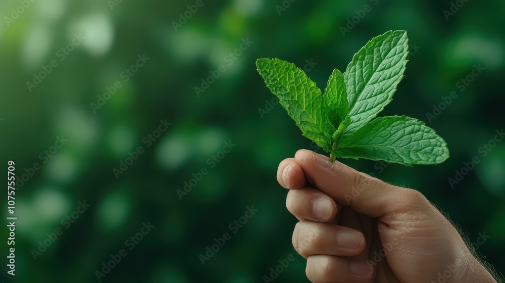A hand holds a fresh sprig of mint, highlighted against a background of blurred green hues, emphasizing the purity and natural allure of this aromatic herb. A hand holds a fresh sprig of mint, highlighted against a background of blurred green hues, emphasizing the purity and natural allure of this aromatic herb.