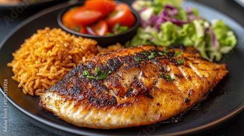 Grilled fish, rice, and salad on a black plate. This image shows a healthy and delicious meal with grilled fish, rice, and salad, perfect for illustrating healthy eating habits.