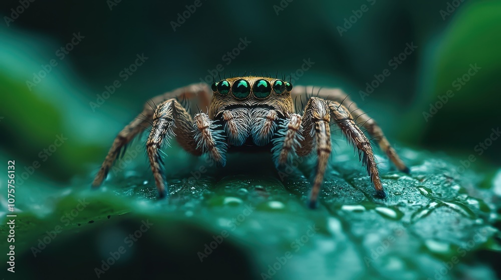 A macro photograph of a jumping spider with vivid green eyes, showcasing its detailed features on a leaf with enhanced natural texture and depth.