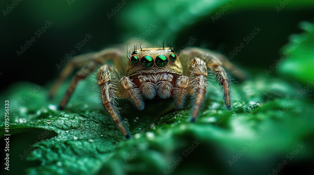 Detailed macro image of a jumping spider perched on a dewy leaf, showcasing its distinctive eyes and textured body, highlighting the wonders of small-scale nature. Detailed macro image of a jumping spider perched on a dewy leaf, showcasing its distinctive eyes and textured body, highlighting the wonders of small-scale nature.