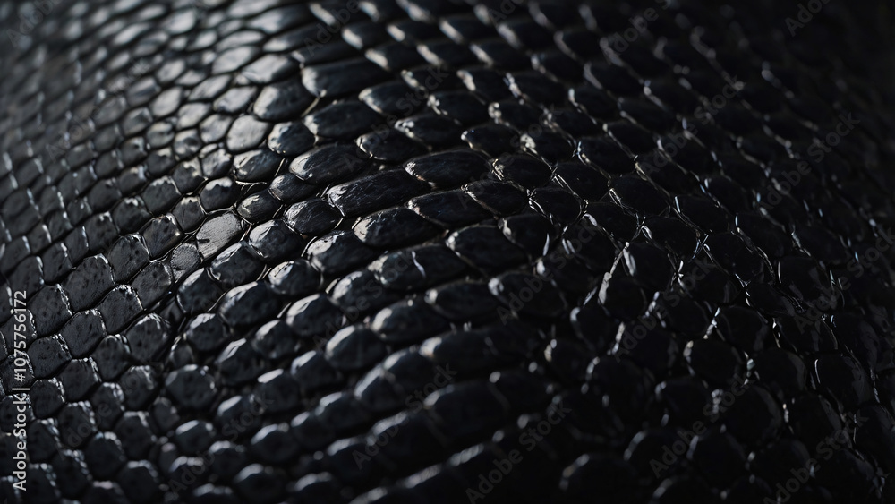 Closeup black snake skin texture. Closeup of snake leather texture in dark black fine scales with subtle shine and intricate pattern. Reptile skin pattern design, Eco-friendly camouflage
Closeup black snake skin texture. Closeup of snake leather texture in dark black fine scales with subtle shine and intricate pattern. Reptile skin pattern design, Eco-friendly camouflage