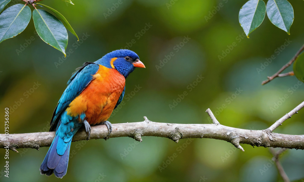 Obraz premium A colorful bird with blue, orange, and black feathers perches on a branch in a lush green forest