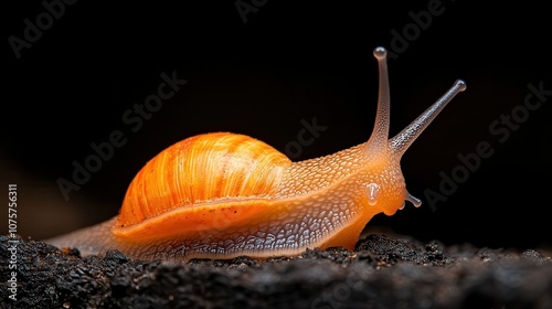 This vivid image captures a snail making its way across dark, rich soil, beautifully illustrating the snail’s vibrant shell against the contrasting background of the earth. photo