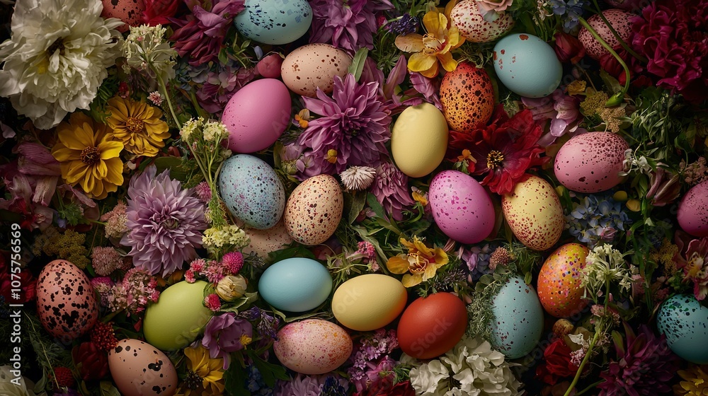Obraz premium A vibrant array of eggs perched on top of a mound of blossoms with dotted shells