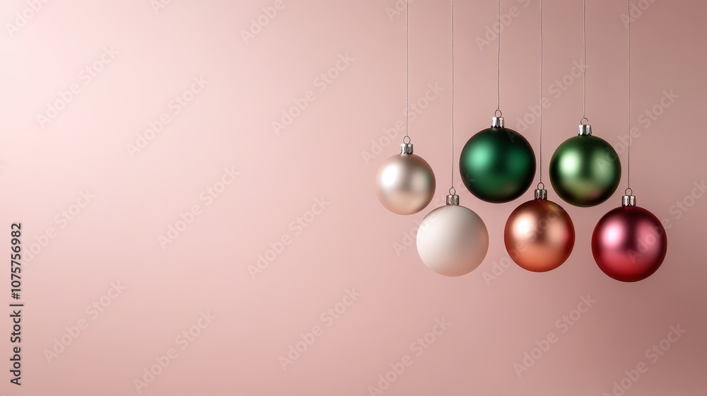 A set of six Christmas ornaments, in shiny metallic hues, hang elegantly against a pastel pink background, creating a festive and elegant holiday aesthetic. A set of six Christmas ornaments, in shiny metallic hues, hang elegantly against a pastel pink background, creating a festive and elegant holiday aesthetic.