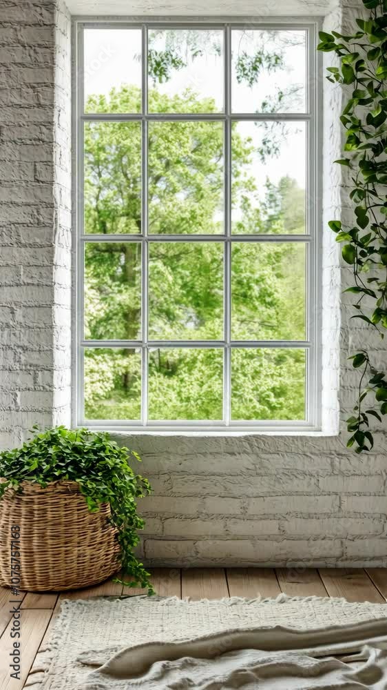 A large window with white trim sits in a white brick wall, offering a view of lush green trees and foliage outside A large window with white trim sits in a white brick wall, offering a view of lush green trees and foliage outside