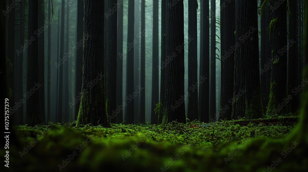 Obraz premium A lush forest abounding with towering trees and verdant moss carpeting the earth, framed by a dense forest of tall trees and mossy floor