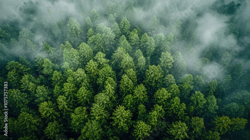 Lush green forest with mist creating a serene and tranquil atmosphere, showcasing the beauty of nature from an aerial perspective.