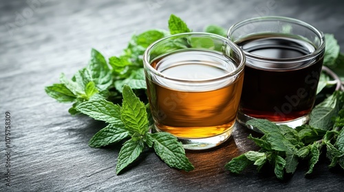 Two glasses of refreshing herbal teas, one amber and the other dark, surrounded by fresh mint leaves on a rustic black table, creating a serene atmosphere.