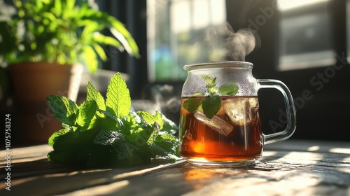 A steaming glass pitcher filled with freshly brewed mint tea, accompanied by loose mint leaves on a wooden table, bathed in natural sunlight, evokes warmth and comfort. photo