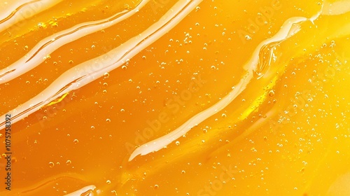   Close-up of yellow liquid with droplets of water at the surface and below