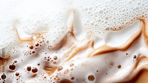 A close-up shot reveals a frothy texture of milk and a swirling blend of hot cocoa, showcasing the rich mixture of creamy layers and delightful beverage art. photo