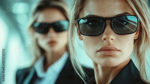 Two women in sunglasses exude an air of mystery and seriousness, dressed in sleek attire with focused expressions, creating a scene of tension and intrigue. photo