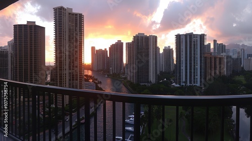 A city skyline with a beautiful sunset in the background