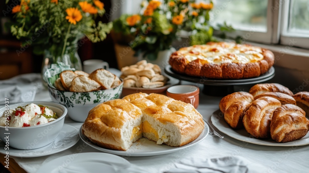 A breakfast spread featuring assorted breads and pastries with a touch of colorful flowers on a table by the window, creating a warm and inviting atmosphere. A breakfast spread featuring assorted breads and pastries with a touch of colorful flowers on a table by the window, creating a warm and inviting atmosphere.