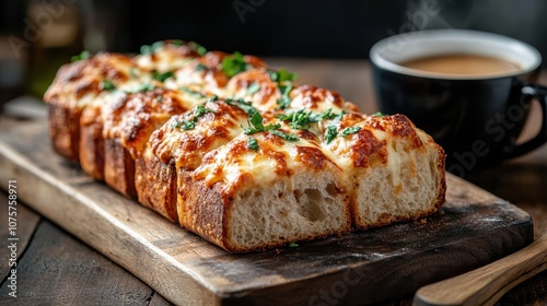 Flavorful pull-apart bread rolls covered in melted cheese and green herb seasoning, presented on a wooden cutting board next to a hot beverage, enticing aroma. photo