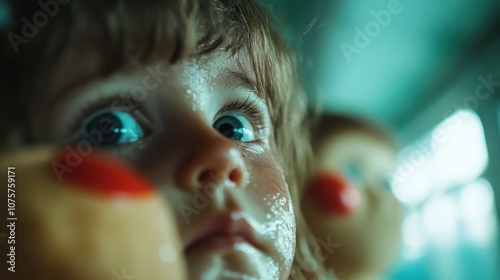 A close-up photo captures a child's wide-eyed expression, framed by soft light and a blurred background. Emotional depth and innocence are conveyed in the image. photo