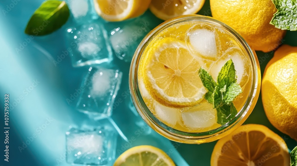 A top down view of lemonade in a glass with ice cubes and mint, surrounded by whole lemons and lemon halves on a bright blue background. A top down view of lemonade in a glass with ice cubes and mint, surrounded by whole lemons and lemon halves on a bright blue background.