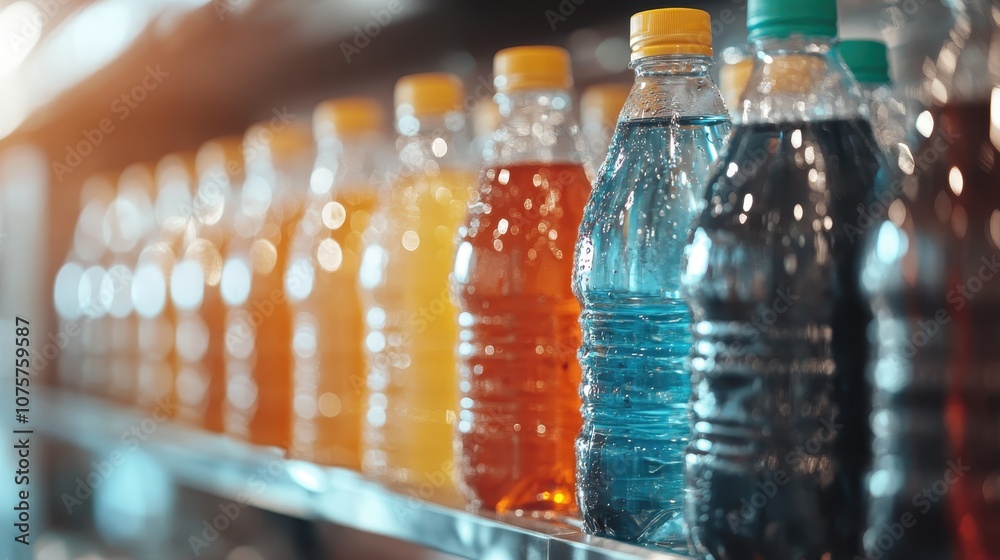 Multiple bottles containing various colorful drinks, focus on a blue beverage, displayed on a shelf emphasizing vibrancy and choice in consumer products.