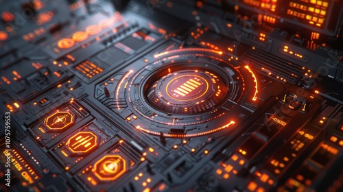 A futuristic technological circuit board with glowing orange lights and a central circular hub.