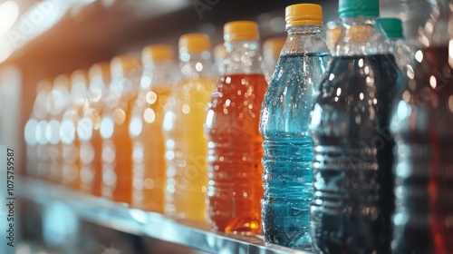 Multiple bottles containing various colorful drinks, focus on a blue beverage, displayed on a shelf emphasizing vibrancy and choice in consumer products.