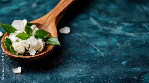 An arrangement of fresh white flowers and green leaves on a wooden spoon, celebrating purity, simplicity, and the timeless beauty of nature in serene harmony. photo