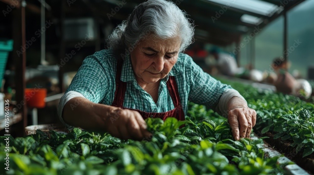An elderly woman carefully tends to flourishing plants inside a lush greenhouse, embodying nurturing and dedication in a symbiotic relationship with nature’s bounty. An elderly woman carefully tends to flourishing plants inside a lush greenhouse, embodying nurturing and dedication in a symbiotic relationship with nature’s bounty.