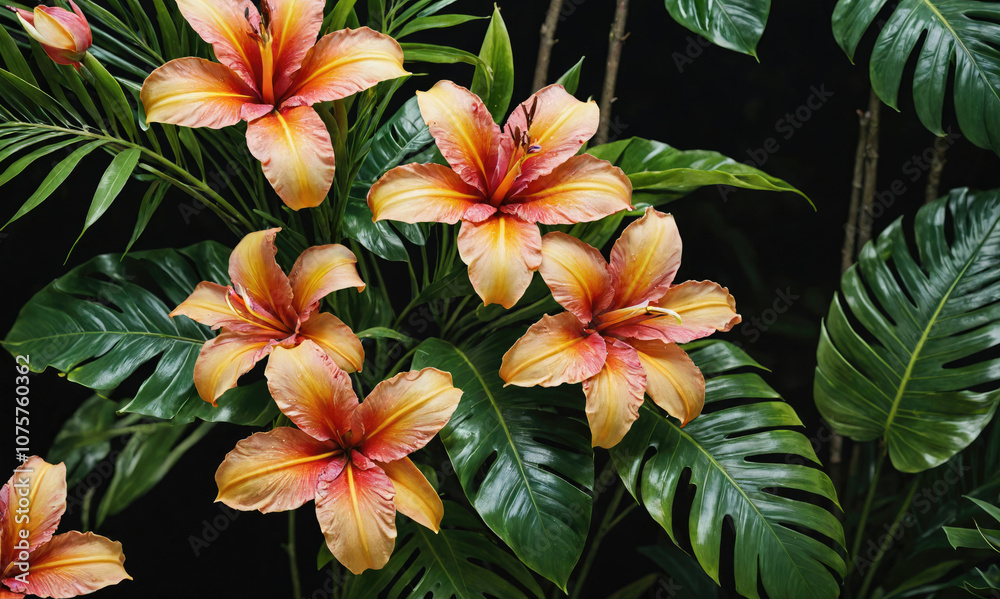 Orange lilies bloom against a backdrop of lush green leaves