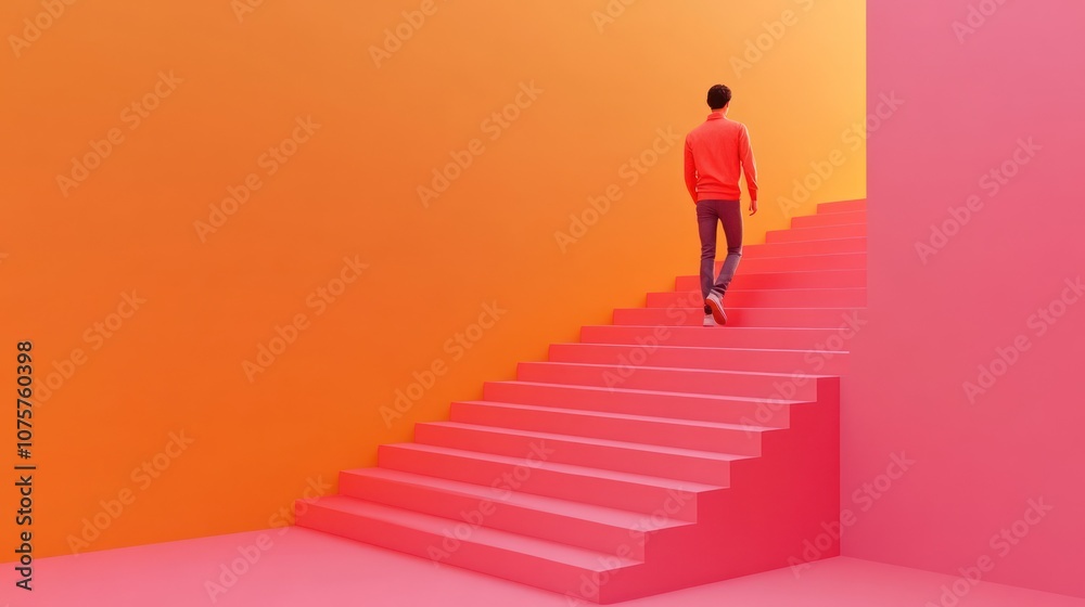 A person ascends colorful stairs in a vibrant, abstract space. A person ascends colorful stairs in a vibrant, abstract space.