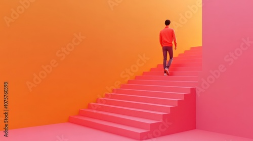 Wallpaper Mural A person ascends colorful stairs in a vibrant, abstract space. Torontodigital.ca