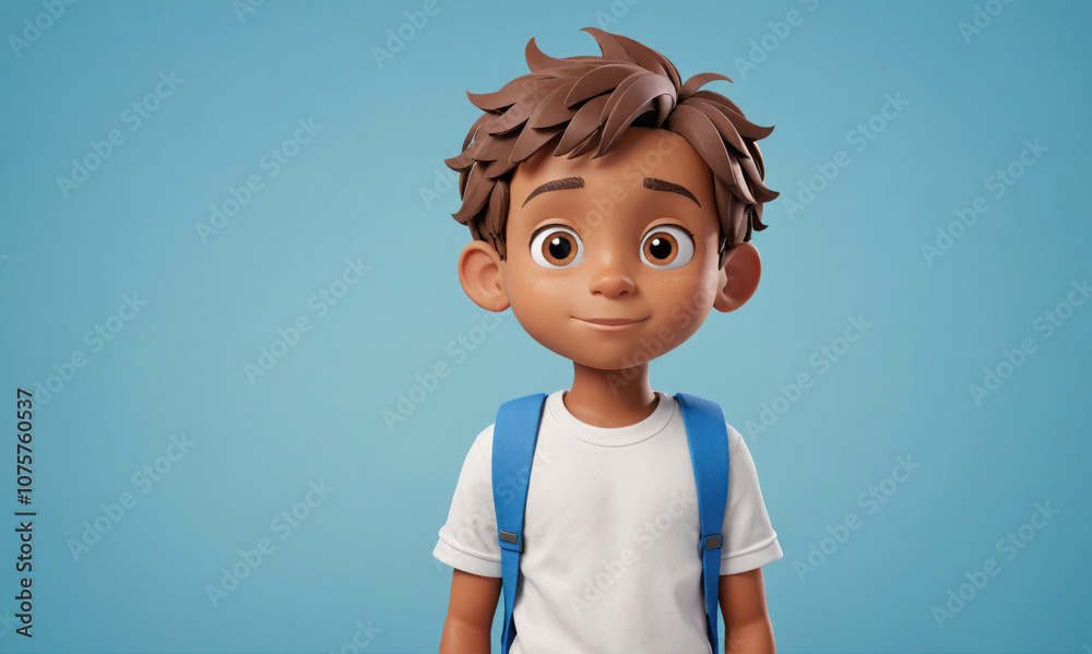 A young boy with a blue backpack smiles and looks up against a light blue background A young boy with a blue backpack smiles and looks up against a light blue background