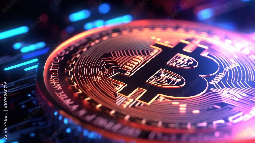 A close-up shot of a Bitcoin cryptocurrency coin with a glowing red and blue light effect.