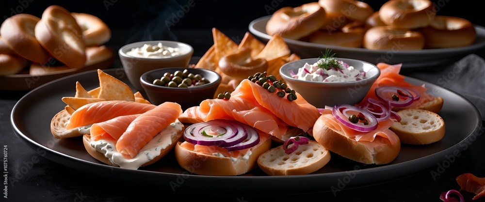 Gourmet bagel spread with salmon, cream cheese, and capers Gourmet bagel spread with salmon, cream cheese, and capers