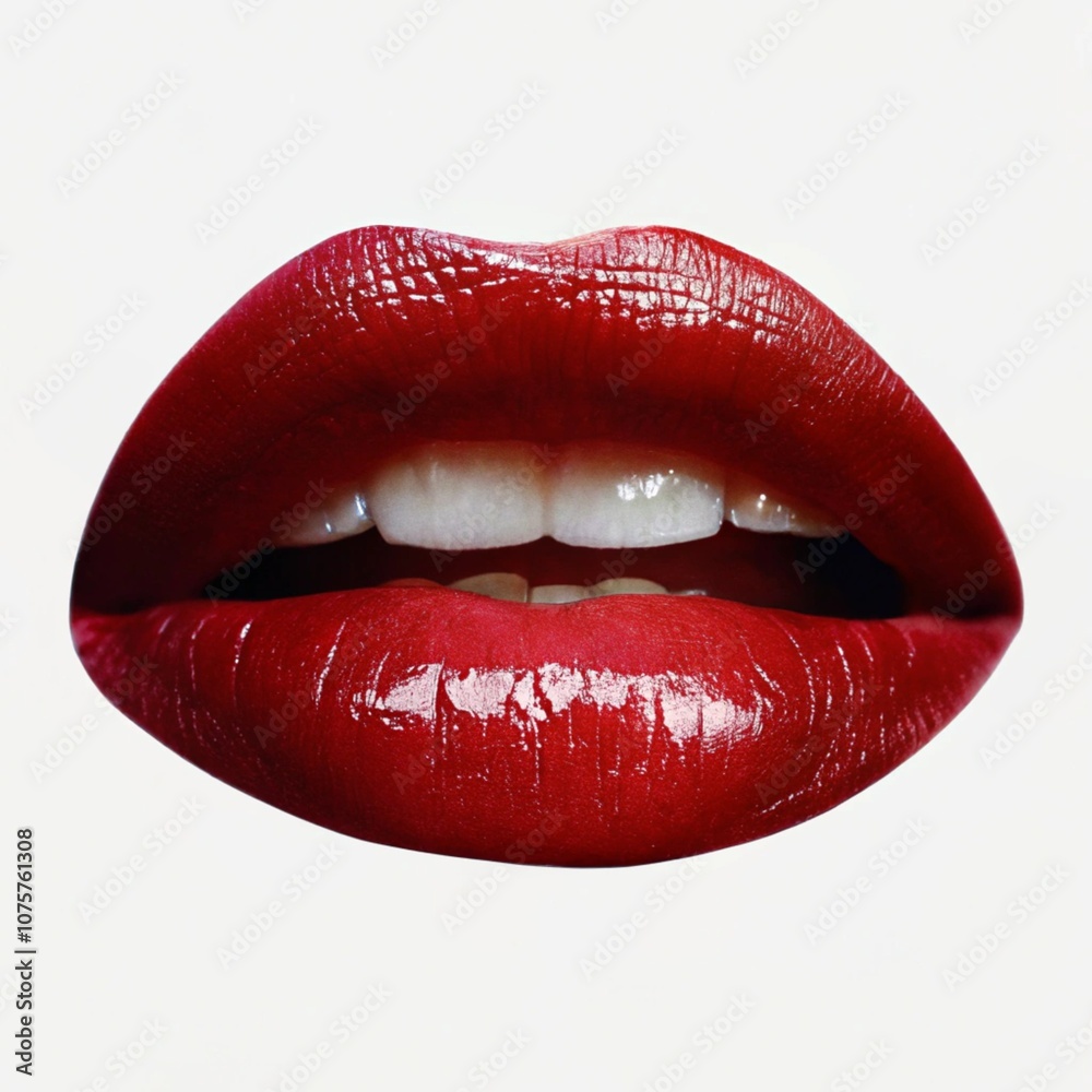 close-up of a pair of sensual, glossy red lips. The lips are prominently featured, taking up the majority of the frame, with the teeth visible in the center. The lighting and focus draw attention to t close-up of a pair of sensual, glossy red lips. The lips are prominently featured, taking up the majority of the frame, with the teeth visible in the center. The lighting and focus draw attention to t
