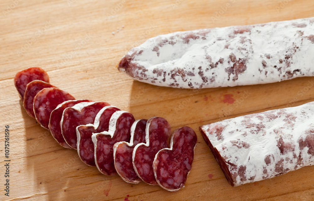 Fuet, traditional spanish dry cured sausage on wooden table Fuet, traditional spanish dry cured sausage on wooden table