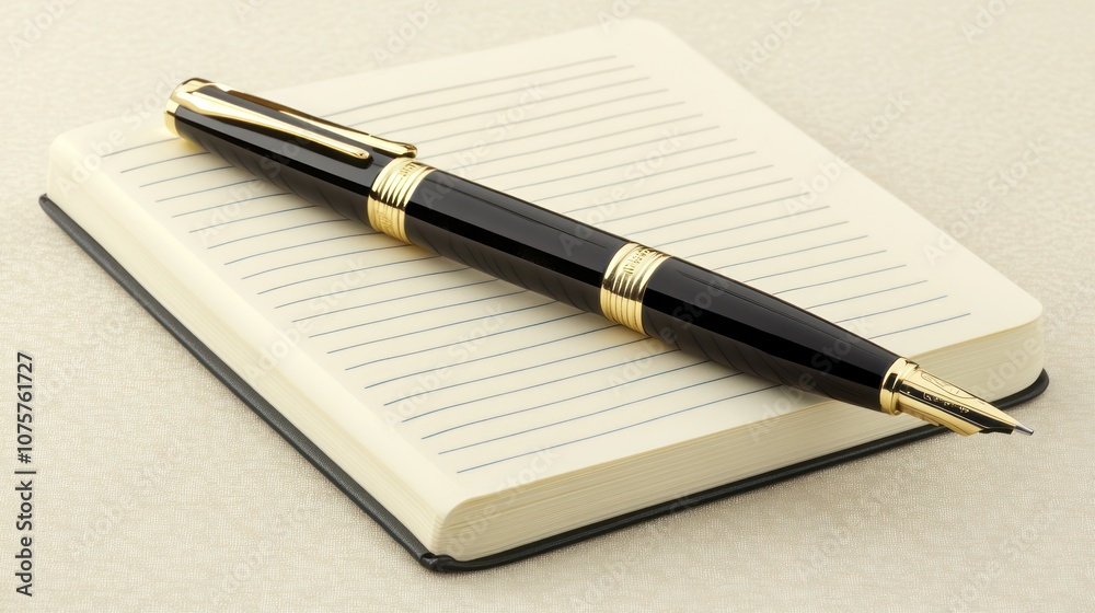 Elegant Black Fountain Pen on Lined Notebook Elegant Black Fountain Pen on Lined Notebook