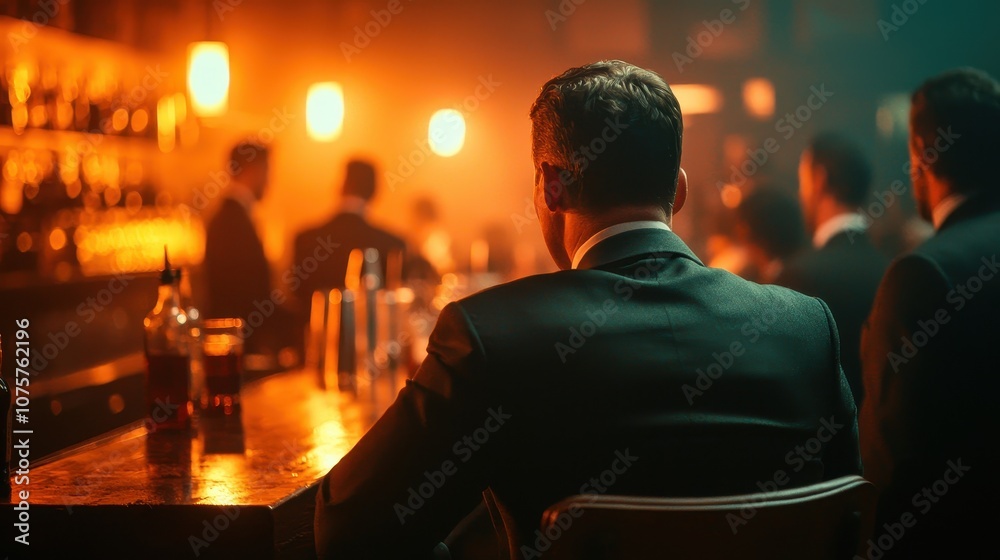 A dimly lit bar scene featuring a man in a suit, with the ambiance enhanced by warm orange lighting and silhouettes of other patrons. A dimly lit bar scene featuring a man in a suit, with the ambiance enhanced by warm orange lighting and silhouettes of other patrons.