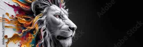 Majestic Lion in Fluid and Vibrant Digital Art with mane in colorful paints on black background with copy space.