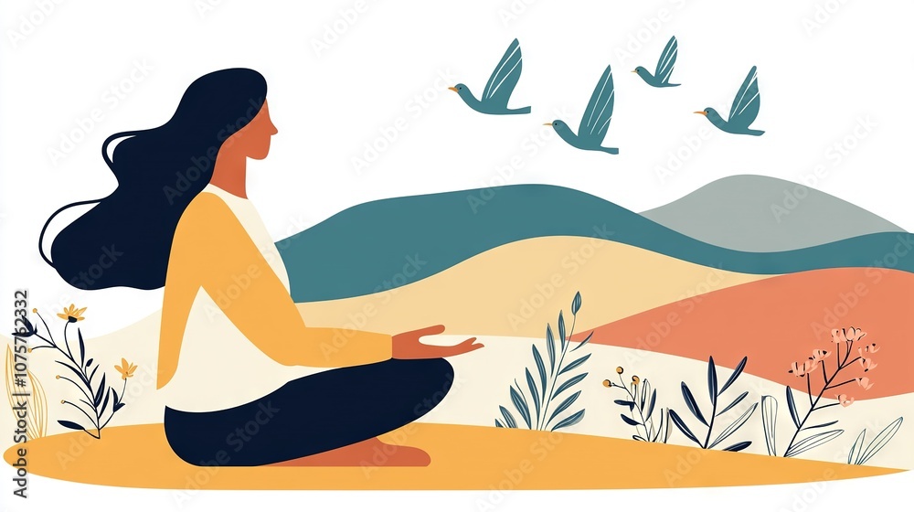 A woman meditating in a lotus pose amidst a serene landscape, with birds soaring overhead A woman meditating in a lotus pose amidst a serene landscape, with birds soaring overhead