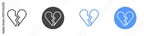 Heart break icon Flat set in black and white color