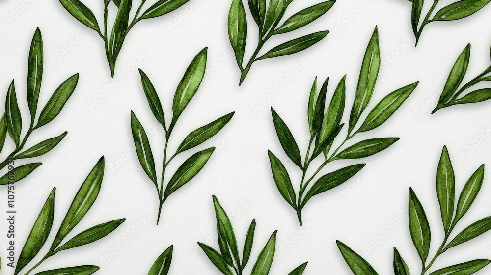 Fototapeta premium Watercolor Green Leaf Pattern Minimalist Botanical Illustration