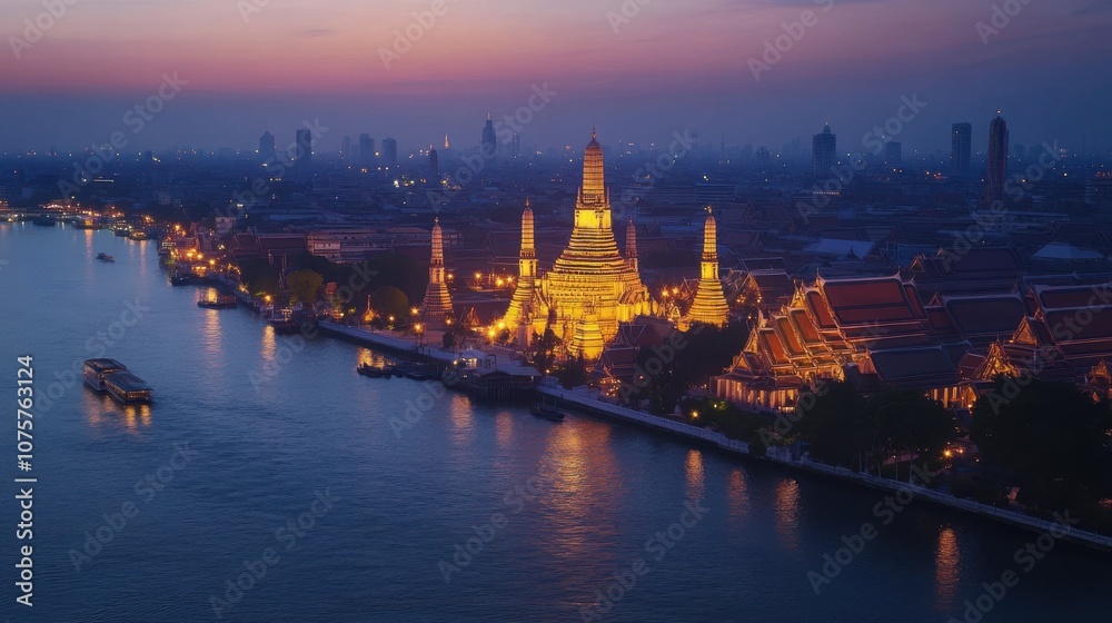 A beautiful panoramic shot of Bangkok at dusk, with the Grand Palace and Wat Arun A beautiful panoramic shot of Bangkok at dusk, with the Grand Palace and Wat Arun