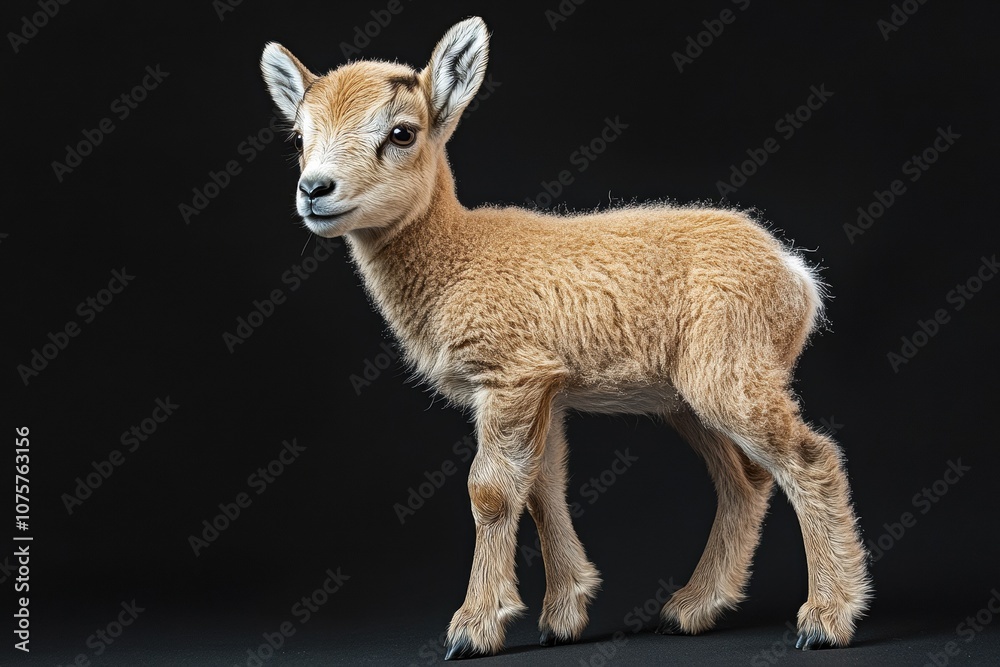 Fototapeta premium the beside view baby Alpine Ibex standing, left side view, low angle, white copy space on right, Isolated on black Background